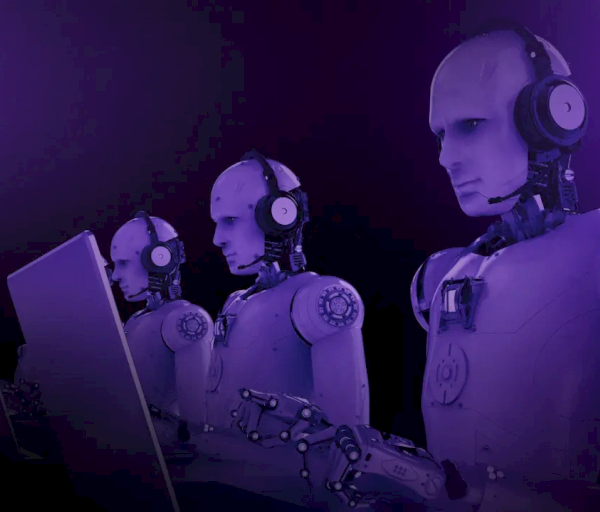 The image features robotic figures wearing headsets and typing on laptops against a purple backdrop. Robots engage with technology.